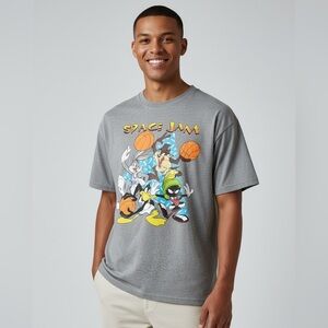 Space Jam Men’s Small Graphic Tee Tune Squad Basketball Vintage Style Gray